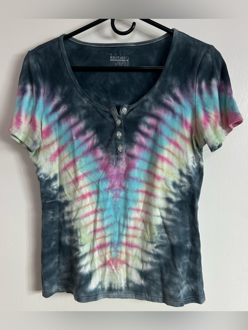 Basic Editions Short-Sleeve Tie-Dye Henley Tee